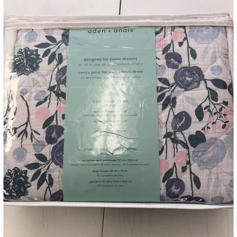 aden + anais 3-Piece Crib Bedding Set Floral Cotton Sheet Skirt Blanket NEW!